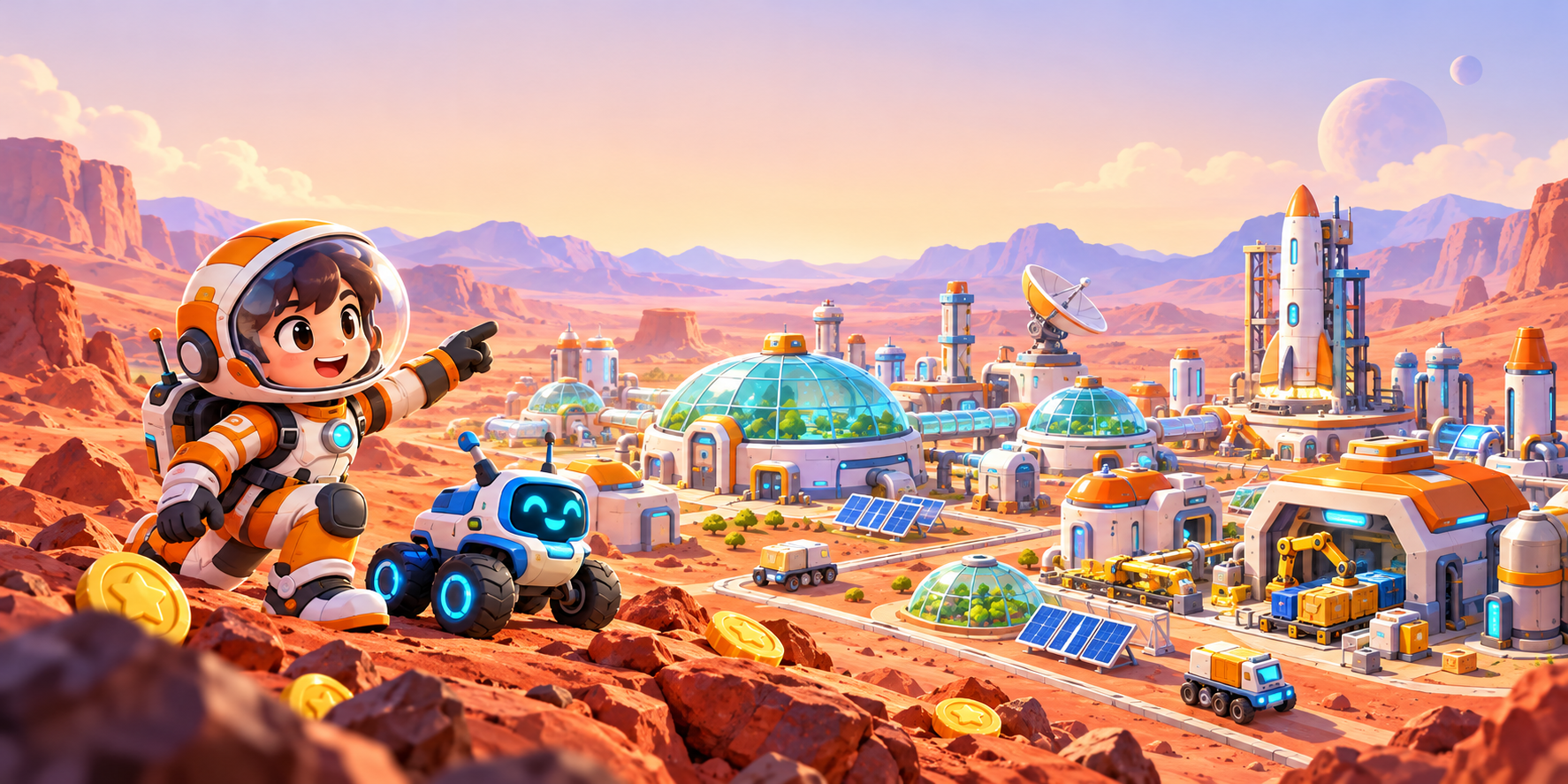 Mars Colony: Residential Domes, Enterprises and Rocket